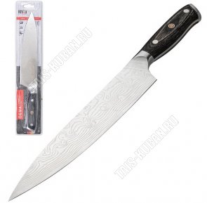 Ogma Нож поварской L20см,лезвие гравированное п/дамасскую сталь 5CR15MOV,литая ручка с деревянной вставкой,блистер (12)