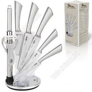 Набор цельнометаллических ножей 8предметов на складной подставке (нож-топорик L17см/поварской 20см/разделочный 20см/универсальный 12,5см/д/овощей 9см/мусат/ножницы/овощечист поперечная) (6) 