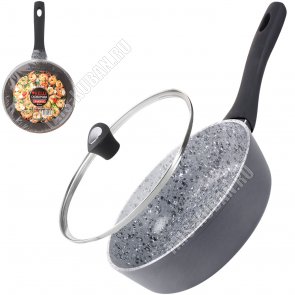 Granit Grey черный/серый с черной крапушкой Сковорода d22см,стеклянная крышка,прямой борт h5см,индукционное дно,толщина стенки/дна 3,0/3,7мм,бакелитовая ручка,литой алюминий (6) 