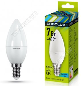 Ergolux-Свеча E14 7Вт,дневн.4500Вт,светов.поток 570Лм (аналог 60Вт обыч.лампы) h100 d37мм (10) 