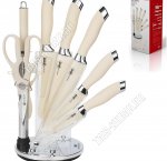 Набор ножей 8предметов на складной подставке (топорик 16,5/поварской 20/разделочный 20/универсальный 12,5/д/овощей 9см/мусат/ножницы/овощечистка поперечная) толщина лезвия 1,5мм,прорезиненная ручка,бежевый,подарочная упаковка (6) 