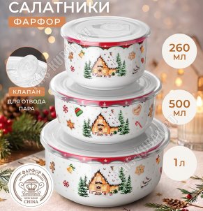 Elan/Пряничный домик Салатник набор 3шт с пластиковыми крышками 0,26/0,5/1,0л, п/у 