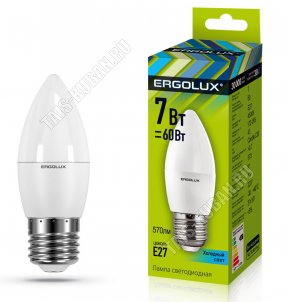 Ergolux-Свеча E27 7Вт,холодн.6500К,светов.поток 675Лм (аналог 60Вт обыч.лампы) h101 d37мм (10) 