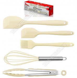 Кухонный набор 5предметов в подарочной упаковке (кисть/венчик/щипцы/лопатка 2шт),айвори (6) 