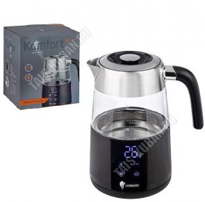 Чайник пластик+стекло 1,7л 2200Вт диск,LED дисплей,сенсорн.управ,ф-ия памяти,регул.t,4реж,поддерж.t,автооткл,защ.б/воды,черный (6) 