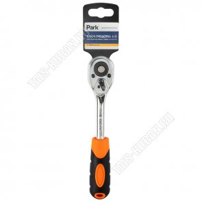 Ключ-трещотка 3/8 хромванадиевая углеродистая сталь, 45 зубьев, храповый механизм с переключателем, двухкомпонентная рукоятка, цвет черный/оранжевый (12) 