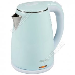Чайник пластик+нержавеющая сталь 1,8л 1500Вт диск, 2-ная стенка (внутр-нержавеющая сталь),автоотключение, защита без воды,вращение 360°,цвет голубой  (12) 