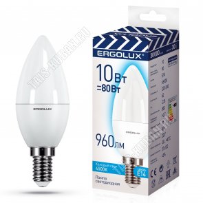 Ergolux ПРОМО-Свеча E14 10Вт,холодн.4500К,светов.поток 960Лм (аналог 80Вт обыч.лампы) h102 d37мм (10)