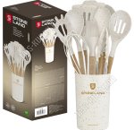 Кухонный набор 11предметов в стакане,кремовый с белым крапом,бамбук+силикон,п/у (16)