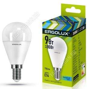 Ergolux-Шар E14 9Вт,холодн.4500К,светов.поток 780Лм (аналог 80Вт обыч.лампы) h92мм d45мм. (10)