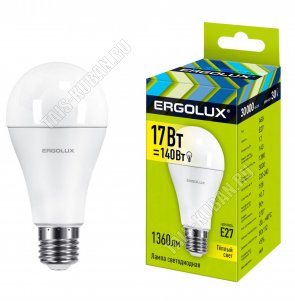 Ergolux-Груша E27 17Вт, тёплый 3000К, (аналог 155Вт обыч.лампы) (5) 