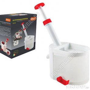 Косточкоотделитель механич.поршнев.(2конт:1-д/сбора кост,2-д/ягод) 28х24х11см, нескольз.присос.на дно,пласт.,красно-белый 