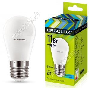Ergolux-Шар E27 11Вт,холодн.6500Вт,светов.поток 9155Лм (аналог 95Вт обыч.лампы) h92 d45мм (10) 