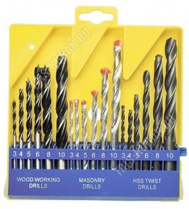 Сверла комб. н-р 18шт.(3,4,5,6,8,10мм-по бетону,мет,дер) цил.хвостовик,пласт.пенал 