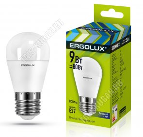Ergolux-Шар E27 9Вт,нейтральн.(дневн) 4000К,светов.поток 875Лм (аналог 80Вт обыч.лампы) h88 d45мм (10) 