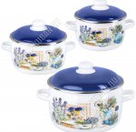 Горная лаванда Набор 3предмета (кастрюли 2,0/3,0/5,5л) металлическая синяя крышка, белая эмаль, белая пластиковая ручка/кнопка (сфера)