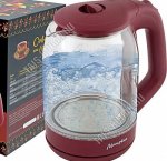 Чайник стекло 1,8л 1500Вт диск,повор.360, внутр.подсвет,автооткл,защита б/воды,вишневый (12)
