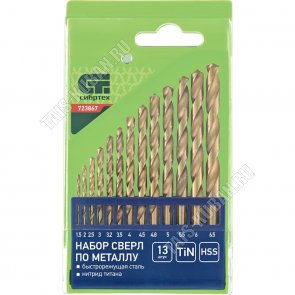 Н-р сверл по металлу нитридтитан. 13шт 1,5-6,5мм (через 0,5мм,3,2мм,4,8мм) HSS 