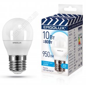 Ergolux ПРОМО-Шар E27 10Вт, нейтрал.(дневн) 4000К, (аналог 80Вт обыч.лампы) (10) 