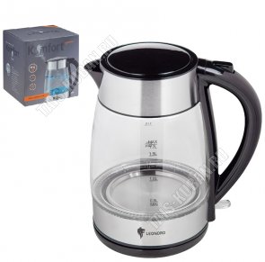 Чайник пластик+стекло 1,7л 2200Вт, черный/серебро (6) 