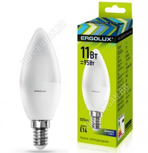 Ergolux-Свеча E14 11Вт, холодн.6500К (аналог 90Вт обыч.лампы) (10) 