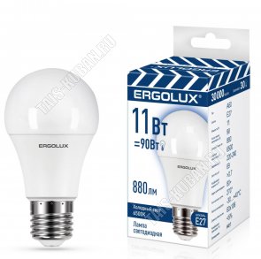 Ergolux-ЛОН E27 11Вт, холодн.6500К (аналог 90Вт обыч.лампы)  (10) 