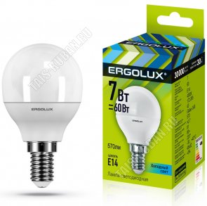 Ergolux-Шар E14 7Вт, нейтрал.(дневн) 4000К, (аналог 60Вт обыч.лампы) (10) 